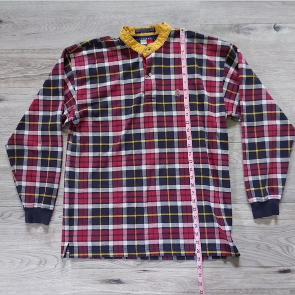 Vintage Tommy Hilfiger Plaid Polo Rugby Shirt Band Mandarin Collar Large - Picture 5 of 7